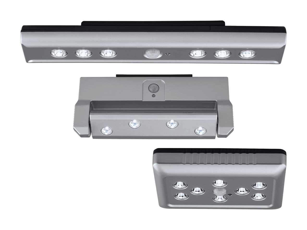 Trois lampes LED à détecteur de mouvement sous différents angles, grises et noires.