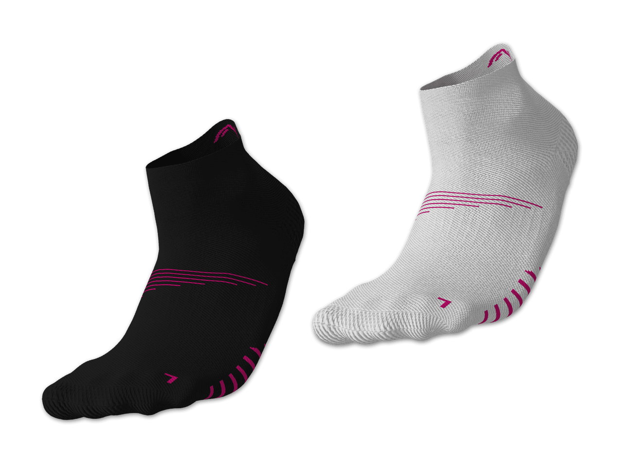 Zwei Paar Socken, eine schwarze und eine weiße, mit pinkfarbenen Details.