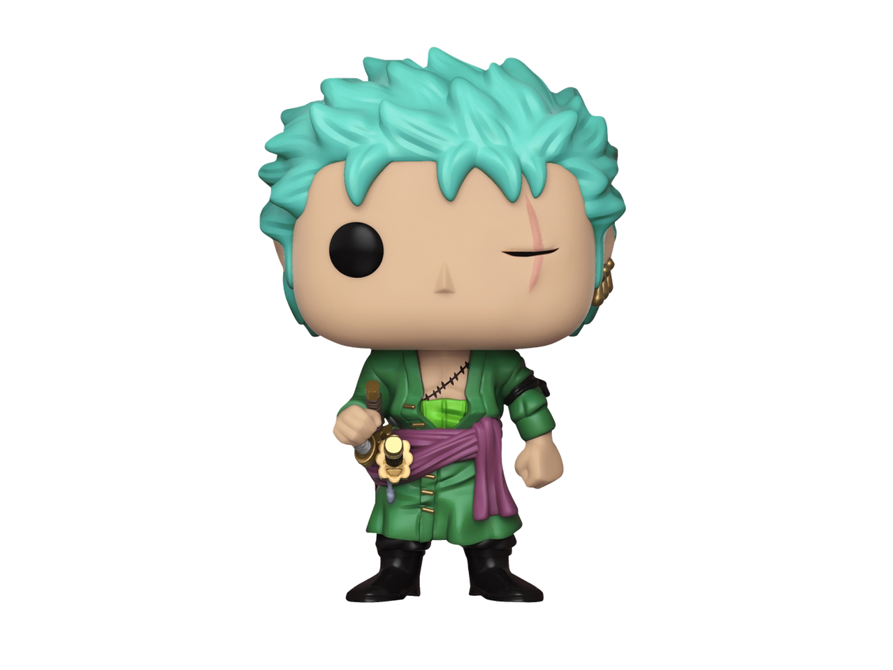 FUNKO MINIS® POP-figūrėlė Roronoa Zoro iš One Piece, žaliais plaukais ir apranga, su randu ant akies.