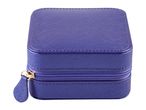 A small, purple, two-tiered jewelry box with a zipper closure.