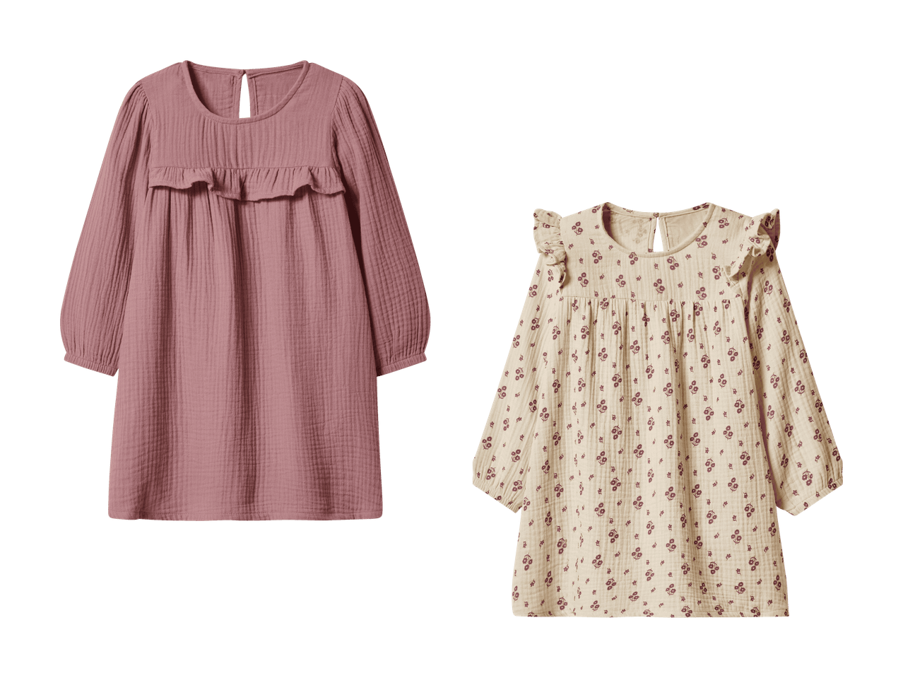 Zwei Mädchenkleider aus Baumwollmusselin, eines in Rosa und eines in Beige mit Blumenmuster.