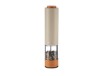 SILVERCREST® Electric Salt/Pepper Mill with a beige body and wooden accents, filled with peppercorns.