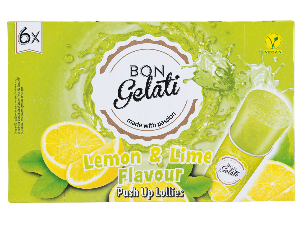 Embalagem de 6 picolés Bon Gelati sabor limão e lima.