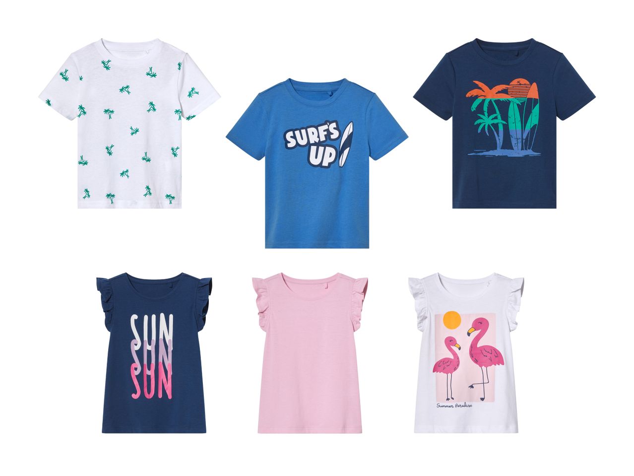 Sechs Kinder-T-Shirts mit verschiedenen Motiven, Sommer-Styles.
