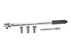 A torque wrench with three sockets and an extension bar.