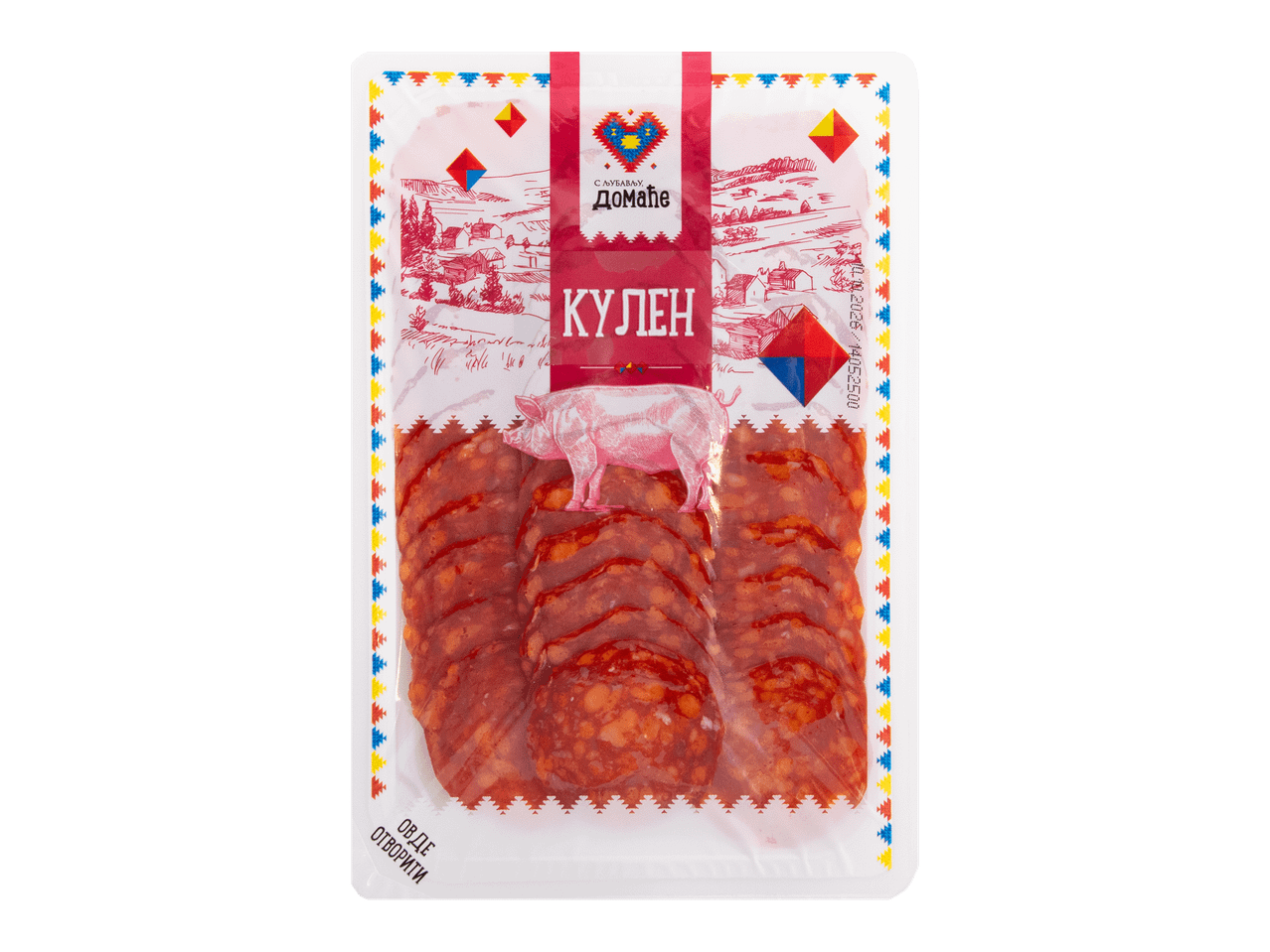 Pakovanje narezanog kulena sa ilustracijom sela i svinje, sa natpisom „Kulen“.