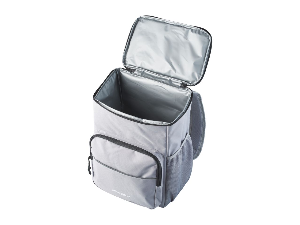 Light grey cooler backpack with an open lid, showing the insulated interior