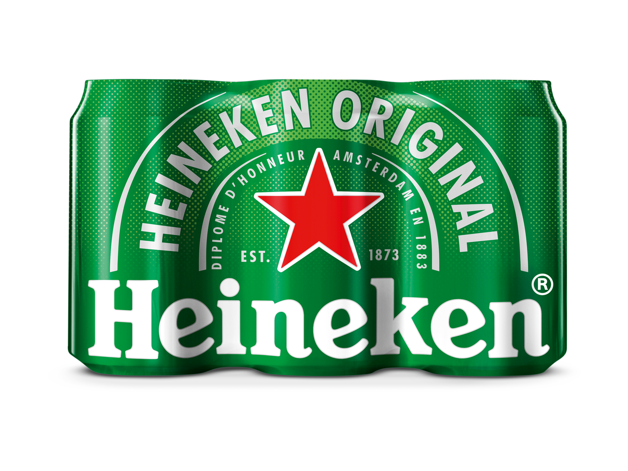 Zes blikjes bier in een groen en wit verpakking met een rode ster en tekst.