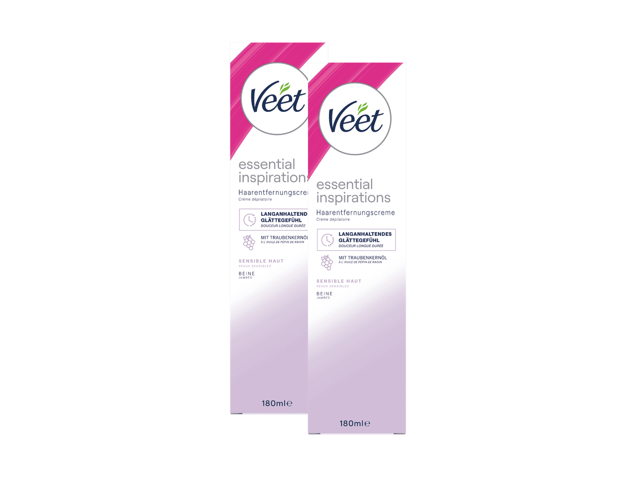 Deux emballages de crème dépilatoire Veet Essential Inspirations pour peaux sensibles.