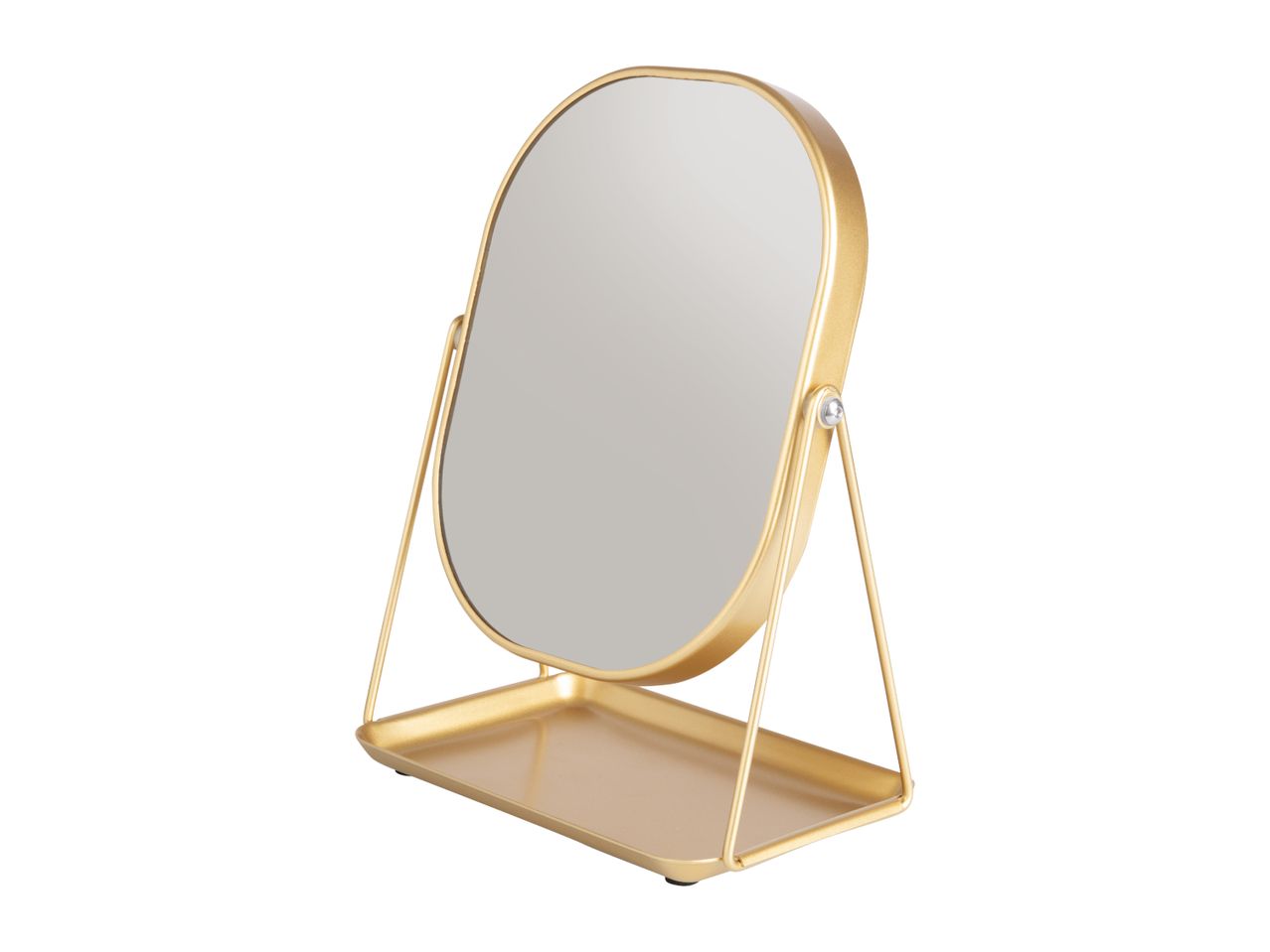 Gold oval vanity mirror with a tray base on a white background.