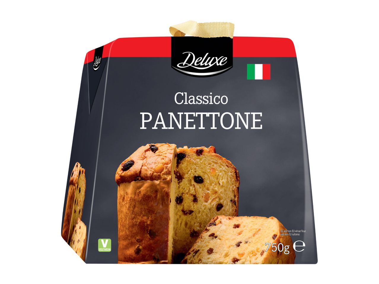 A 750g box of classic Italian panettone cake with raisins.