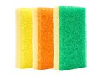 Three colorful kitchen sponges in yellow, orange, and green, standing upright.