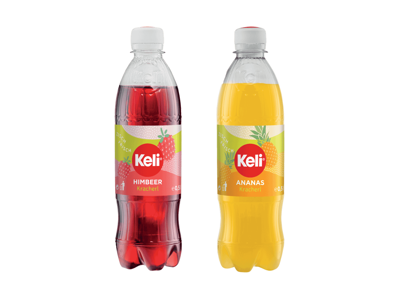 Zwei Keli-Getränkeflaschen: Himbeer-Kracherl und Ananas-Kracherl.