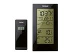 Digital weather station with a main display showing time, date, weather forecast, and indoor/outdoor temperatures, alongside a smaller remote sensor.
