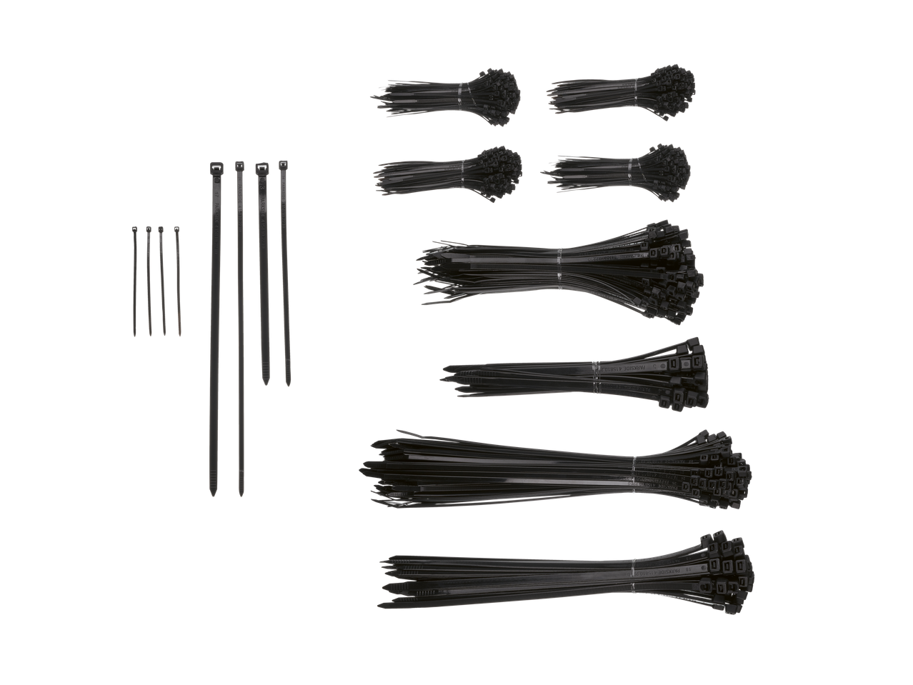 Parkside® XXL kabeļu saites dažādos izmēros, melnas un saišķos.