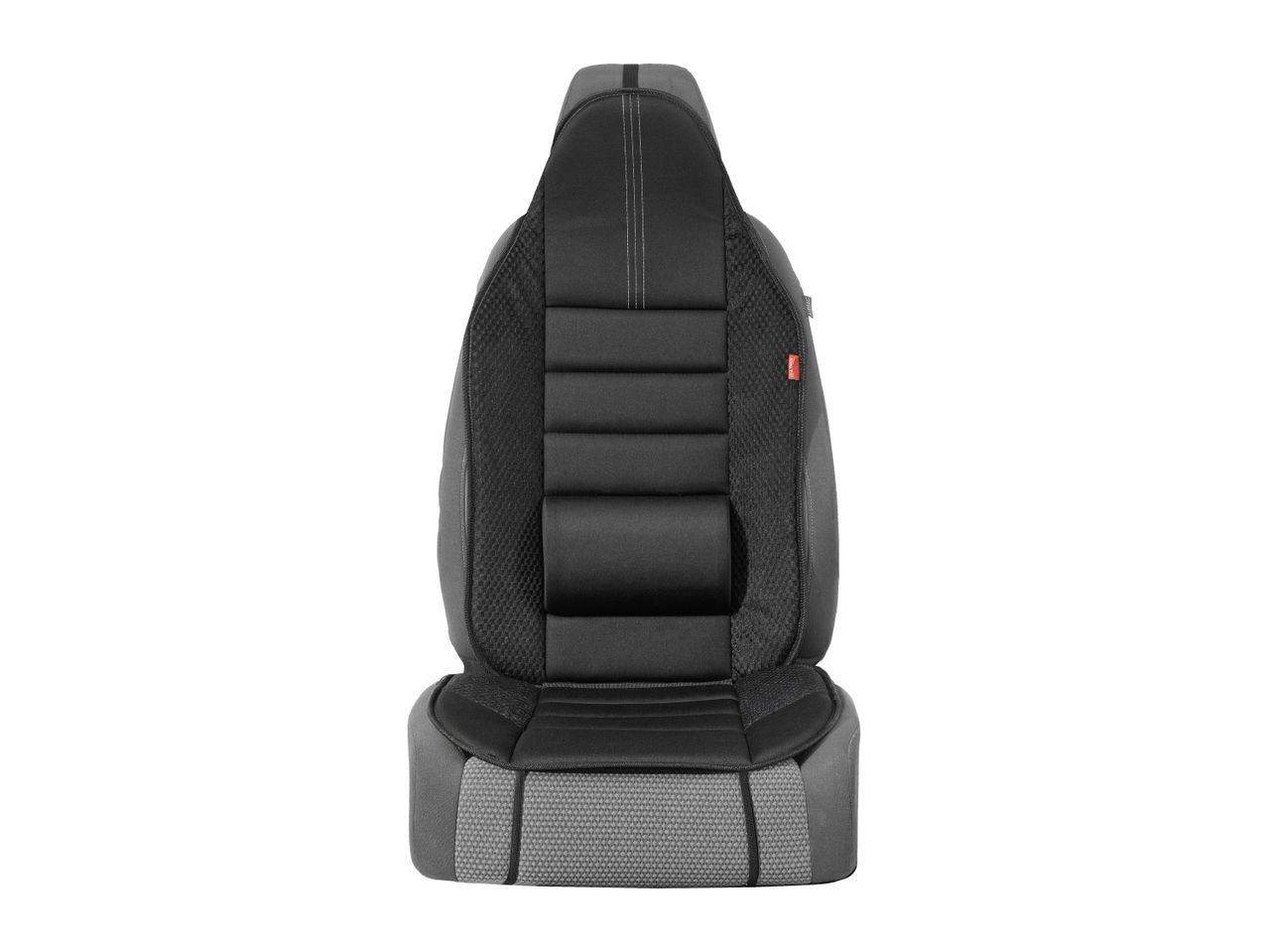 Black and grey car seat cover with textured fabric and white stitching