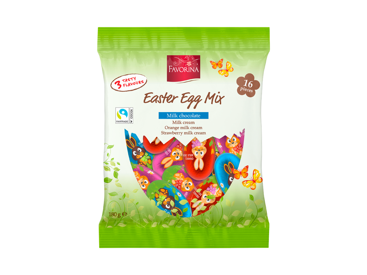 Pakovanje uskršnjih čokoladnih jaja sa 3 ukusa: mlečna čokolada, mlečni krem, krem od narandže i jagode.