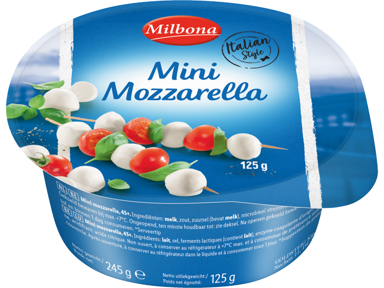 Italiamo Mini Mozzarella, emballage de 245g avec 125g de poids égoutté.
