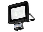 Black LED floodlight with integrated motion sensor.