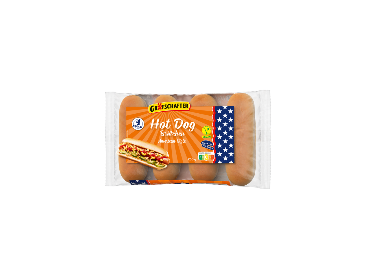 Gräfschafter Hot Dog Brötchen American Style, 4 Stück, 250g, vegan, vorgeschnitten.