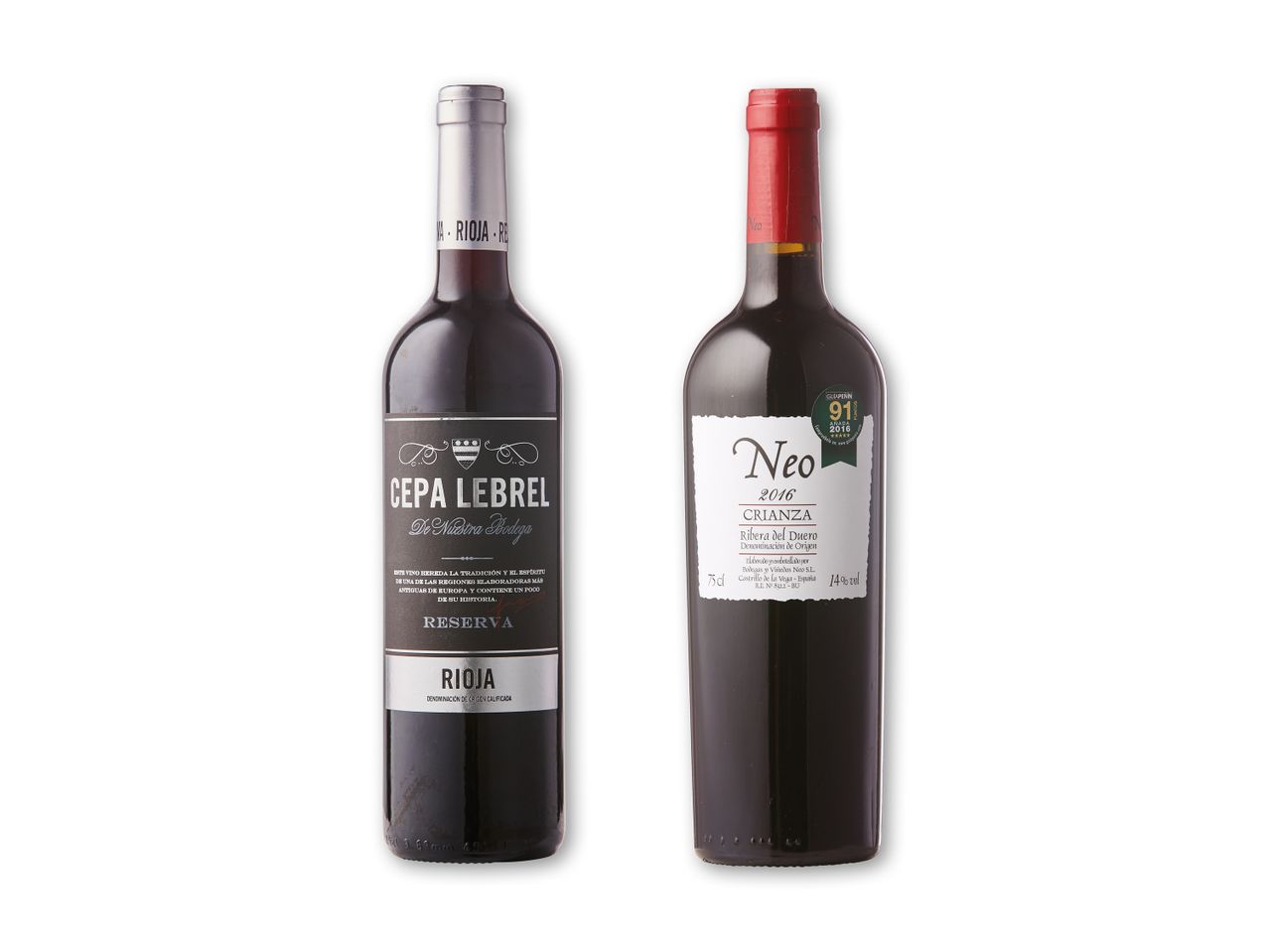 To flasker Rioja-vin: Cepa Lebrel Reserva og Neo Crianza 2016.