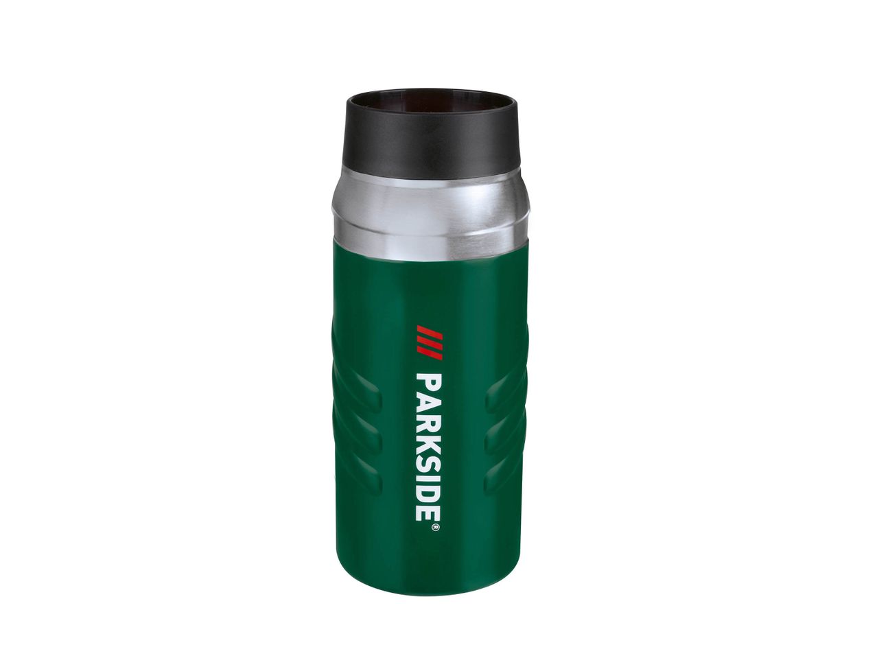 A green and silver Parkside brand thermos bottle.