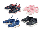Vier Paar Kindersandalen: zwei Paar in Dunkelblau mit Pink, ein Paar in Pink und ein Paar in Dunkelblau mit Grün.