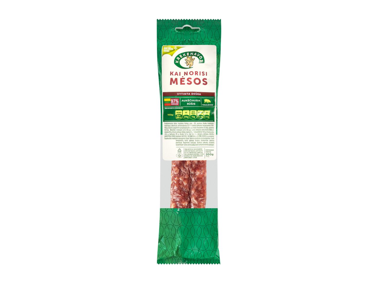 Pakuotė su vytinta dešra „Krekenavos mėsos“, nurodant sudėtį ir maistinę vertę.
