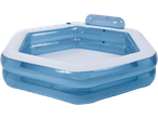 Blue inflatable kids pool with backrest.