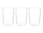 Three clear double-walled glasses on a white background.