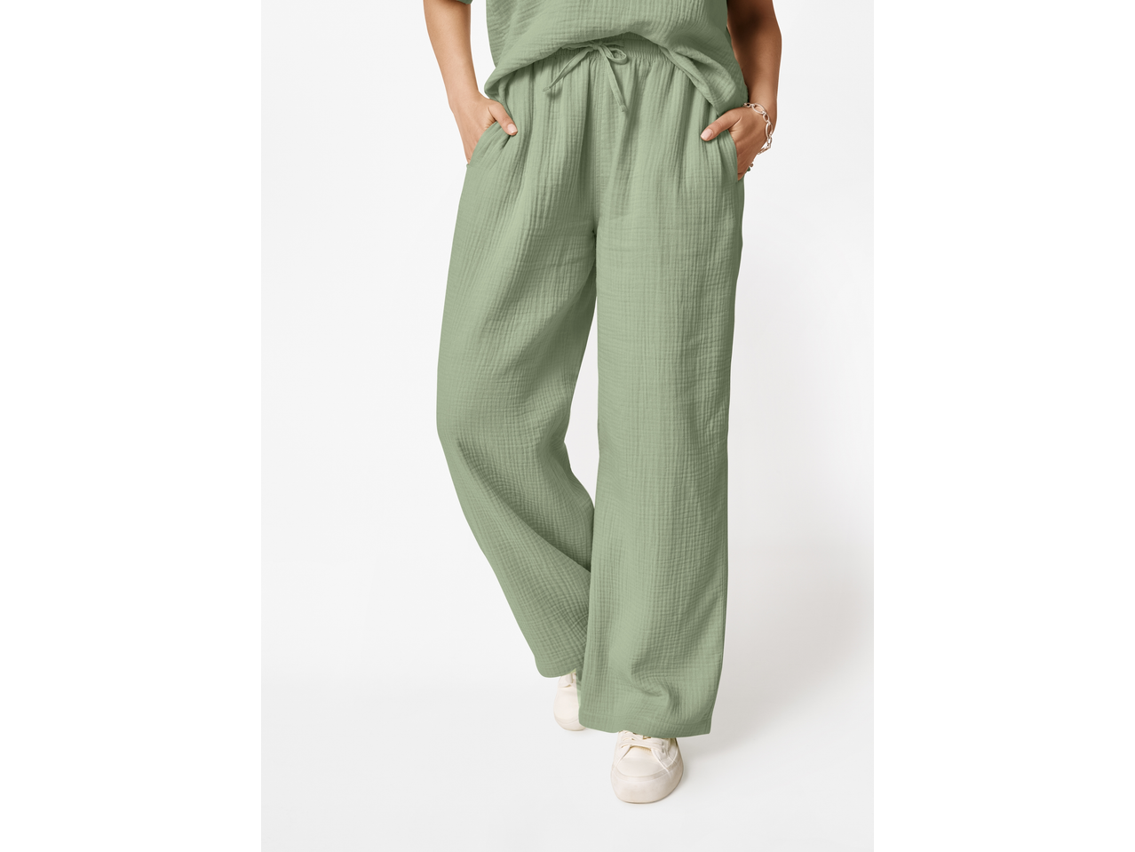 Pantaloni de muselină ESMARA de damă, verde deschis, cu șnur în talie.