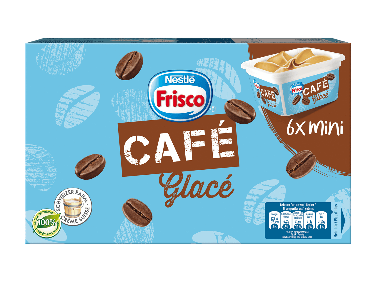 Packung Nestlé Frisco Café Glacé, 6x mini, mit Kaffeebohnen und Nährwertangaben.