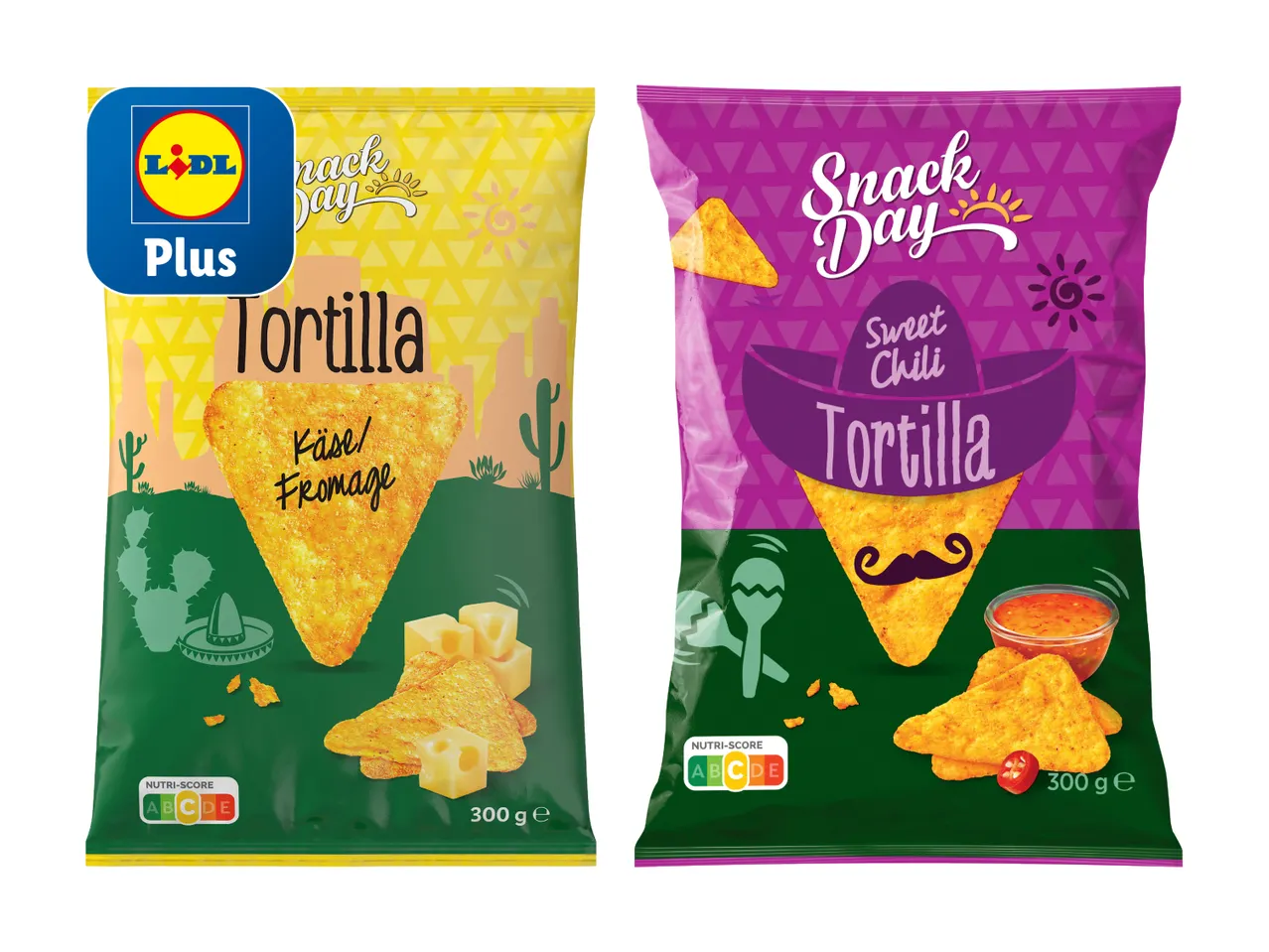 Zwei Packungen Lidl Tortilla Chips: Natur und mildes Chili.