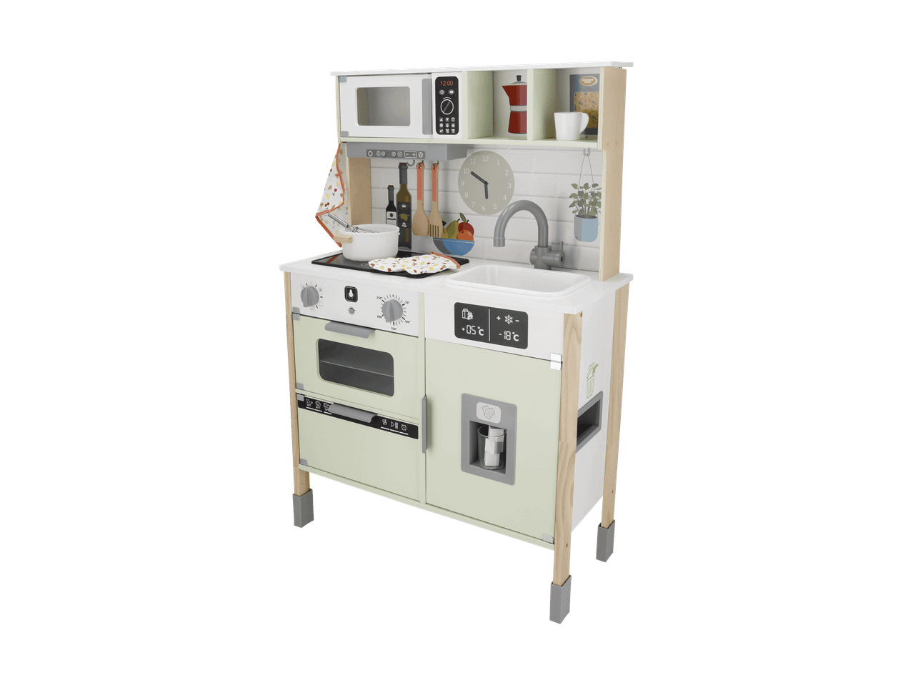 Spielküche aus Holz für Kinder mit Backofen, Mikrowelle und Spüle.