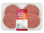Pack of four Irish beef quarter pounder burgers, with a label indicating 'Summer Time Barbeque Season'