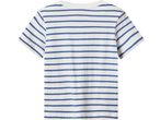 White t-shirt with blue horizontal stripes, back view.