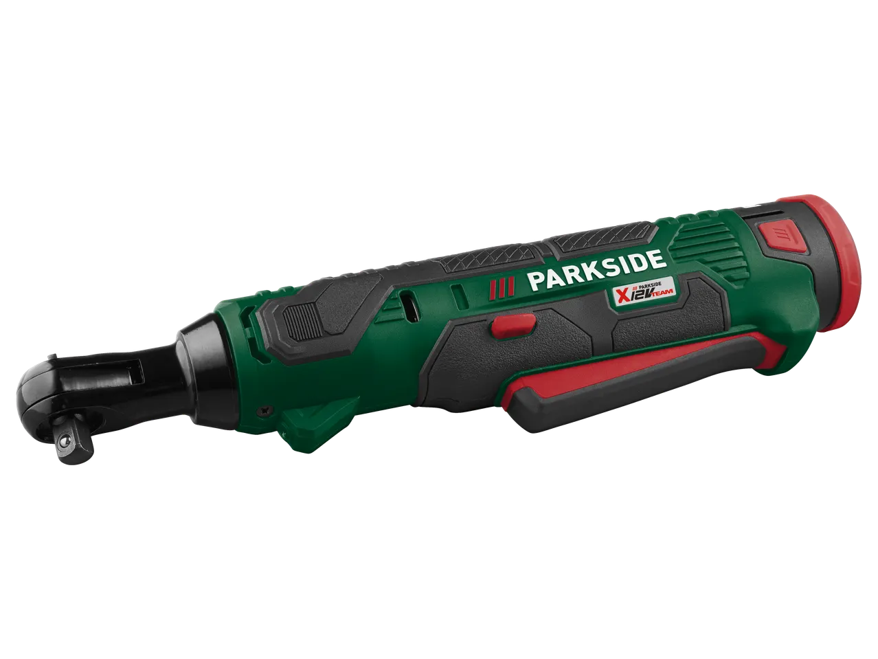 Cordless ratchet wrench in green, black, and red, with a visible square drive.
