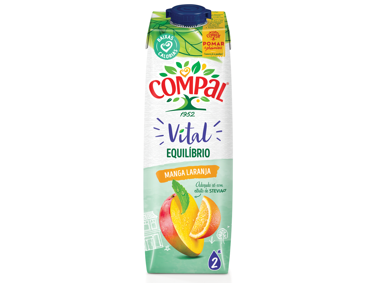 Embalagem de sumo Compal Vital Equilíbrio Manga Laranja, adoçado com stevia, baixas calorias.