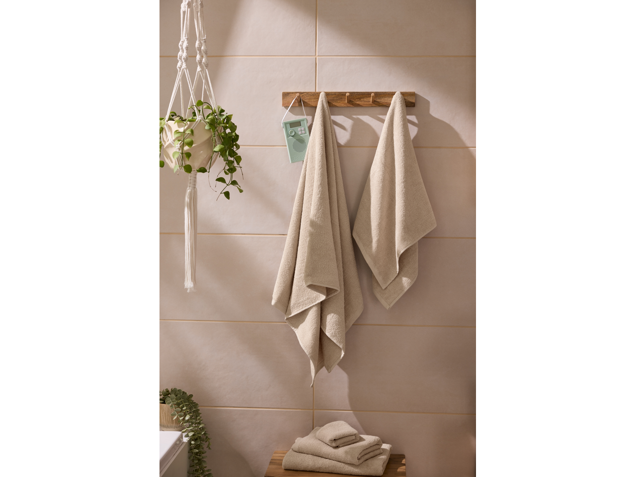 Bathroom with hanging plant, wooden towel rack with two beige towels, and a mint green radio.