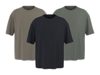 Tri muške majice kratkih rukava u tamno sivoj, bež i maslinasto zelenoj boji.