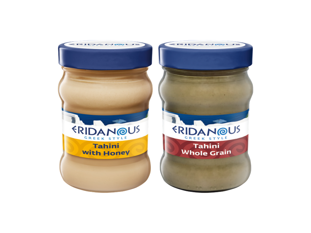 Two jars of Krenhof's horseradish, one white and one green.