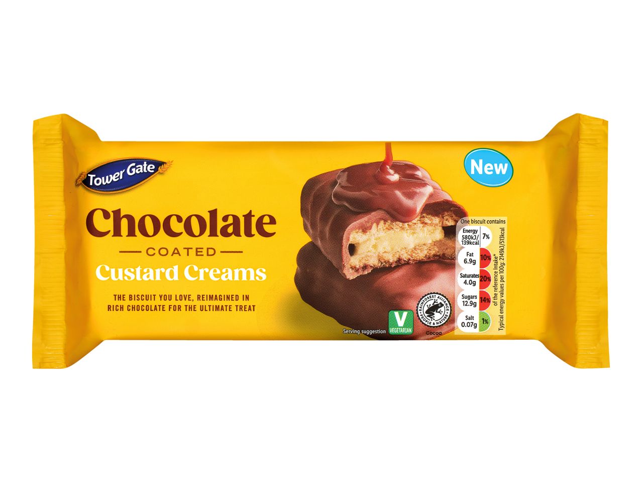 Chocolate-coated custard creams with nutritional information and a 'New' label.