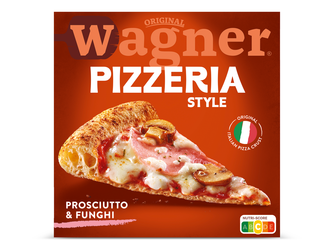 Pizzapunt met ham en champignons, met de tekst 'Pizzeria Style' en Nutri-Score C.