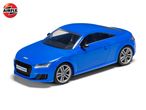 Blue toy car model of a sports coupe on a white background.