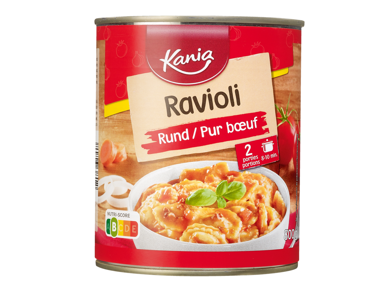 Raviolis Kania au bœuf en conserve, avec suggestion de présentation et Nutri-Score.