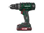 Cordless drill with a battery pack, featuring a green and black body with red accents.