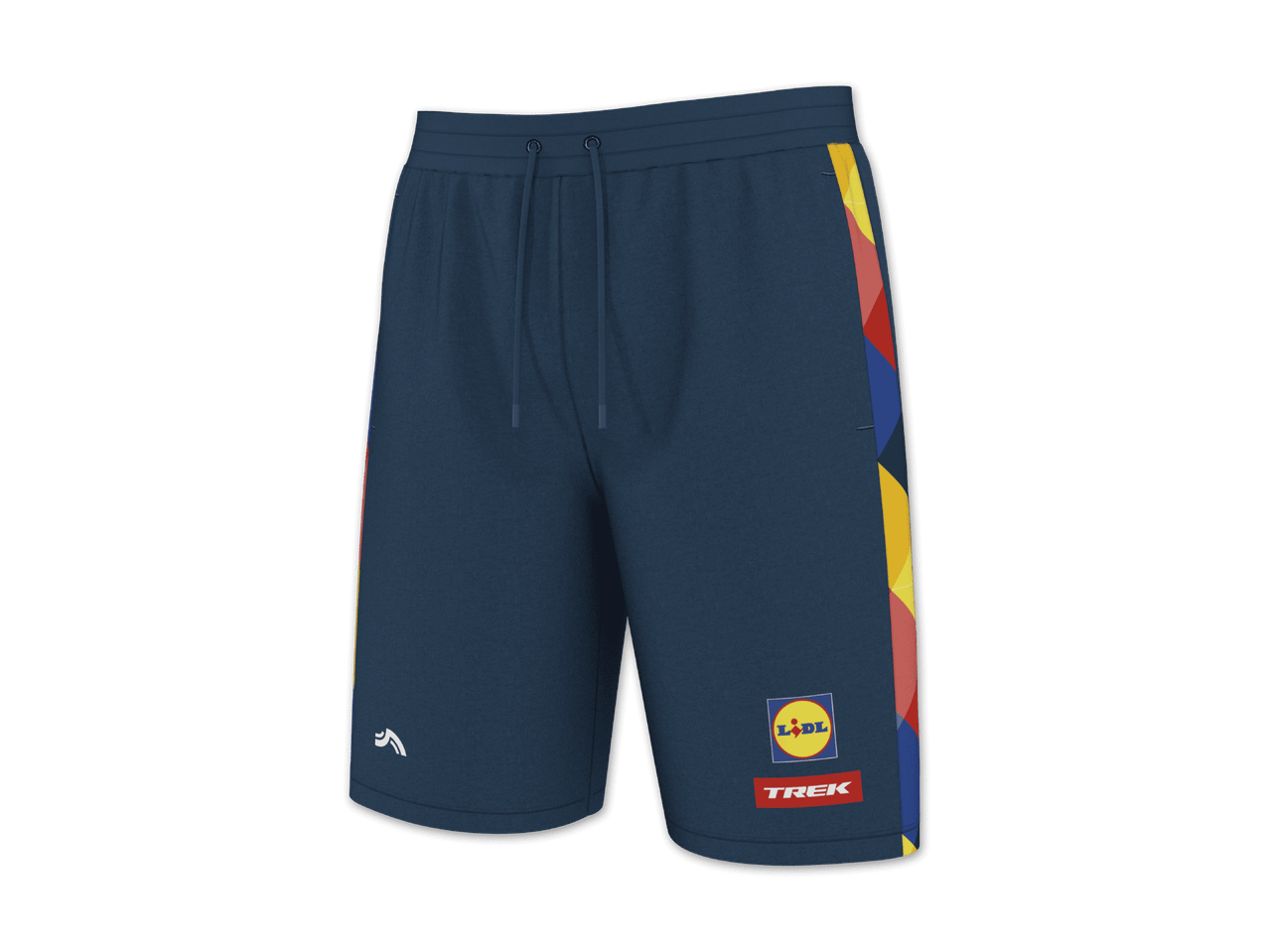 Dunkelblaue Shorts mit Kordelzug, farbigen Seitenstreifen und Logos auf dem rechten Bein.