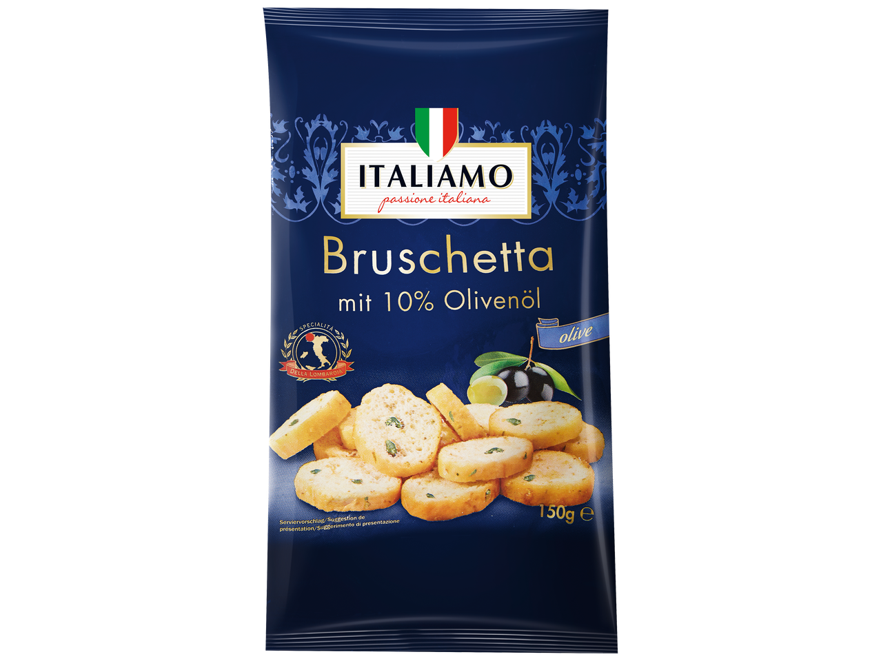 Paquet de bruschetta aux olives avec 10% d'huile d'olive, 150g.