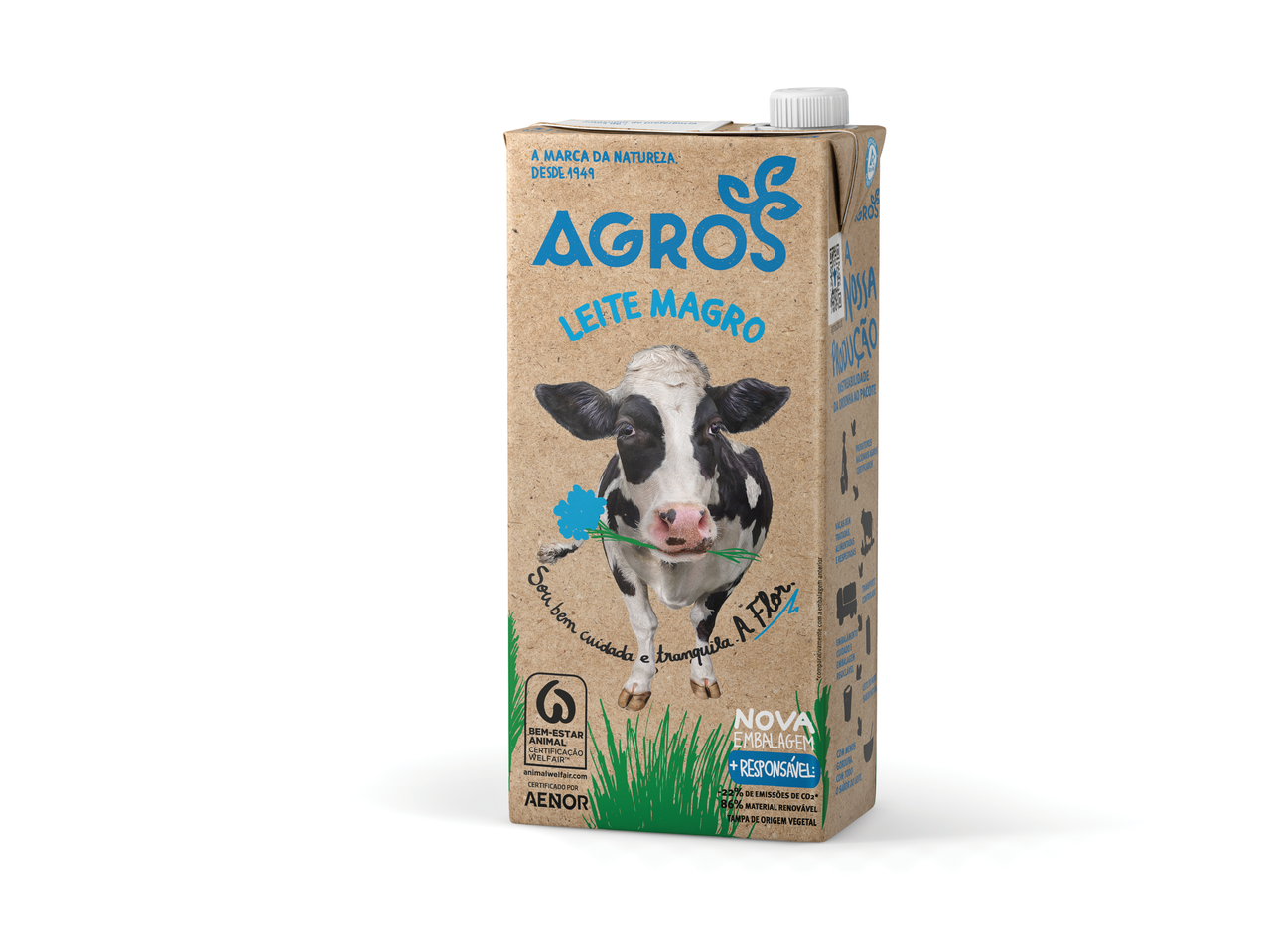 Embalagem de leite Agros Leite Magro com desenho de vaca e flor.