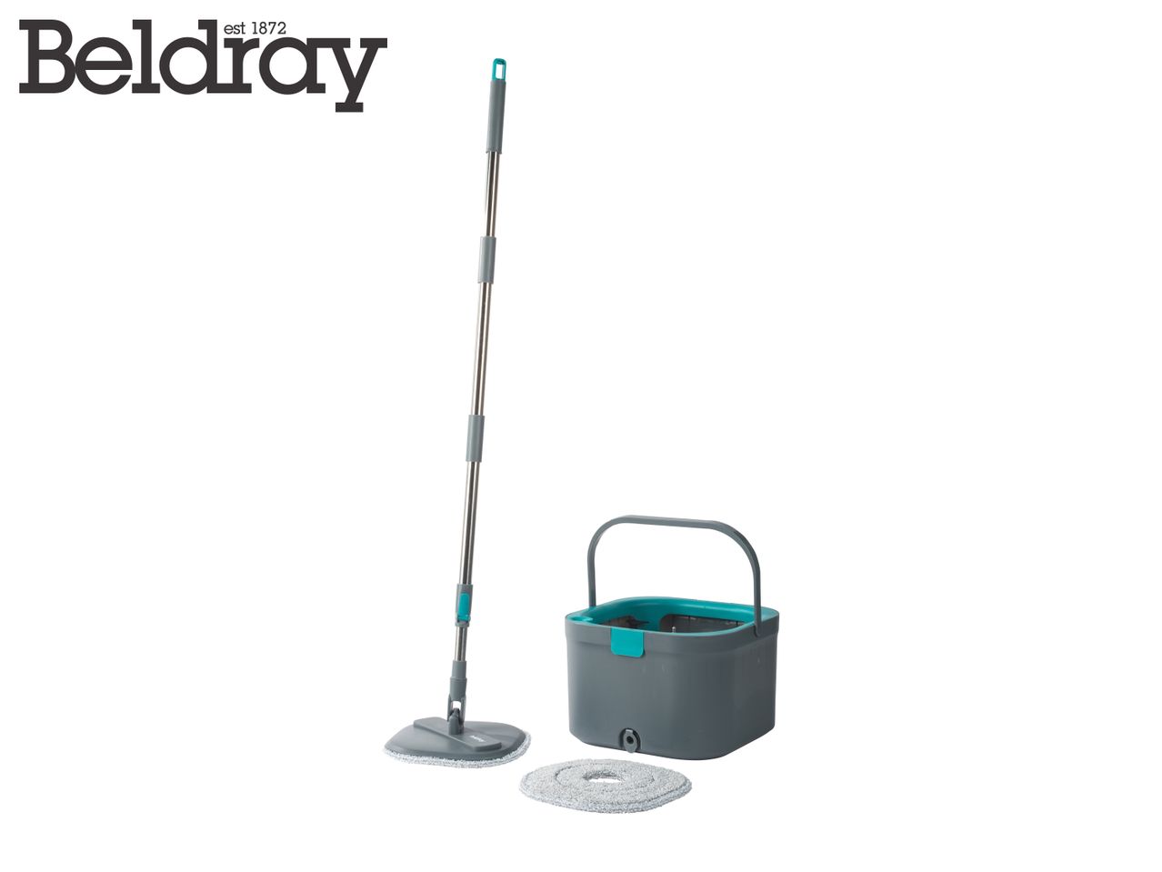 Grey and teal mop and bucket set with an extra mop head.